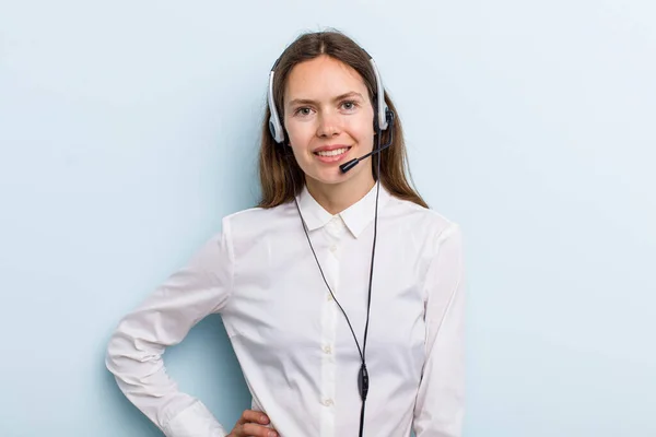 Young Adult Woman Smiling Happily Hand Hip Confident Telemarketer Concept — Stock fotografie