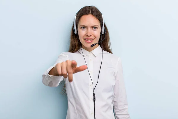 Young Adult Woman Pointing Camera Choosing You Telemarketer Concept — Fotografia de Stock