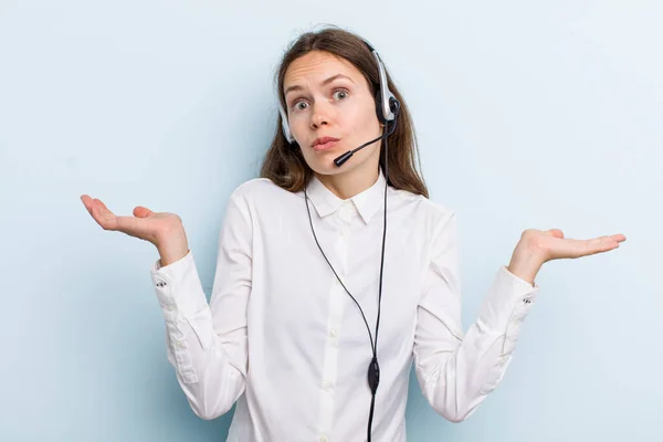 Young Adult Woman Feeling Puzzled Confused Doubting Telemarketer Concept — 스톡 사진