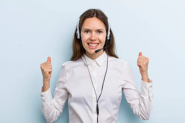 Young Adult Woman Feeling Shocked Laughing Celebrating Success Telemarketer Concept — Stockfoto
