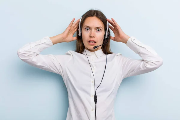 Young Adult Woman Feeling Stressed Anxious Scared Hands Head Telemarketer — Stock Fotó