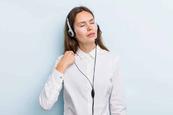Young Adult Woman Feeling Stressed Anxious Tired Frustrated Telemarketer Concept — Stockfoto