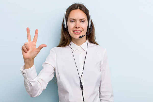 Young Adult Woman Smiling Looking Friendly Showing Number Three Telemarketer — Stockfoto