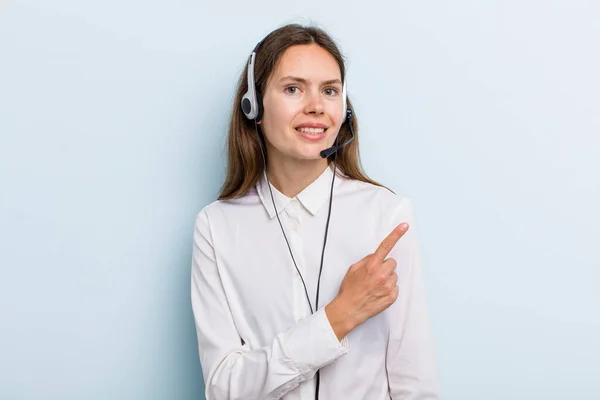Young Adult Woman Smiling Cheerfully Feeling Happy Pointing Side Telemarketer — Stock Fotó