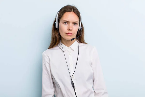 Young Adult Woman Feeling Sad Upset Angry Looking Side Telemarketer — Stockfoto