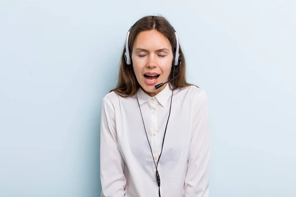 Young Adult Woman Shouting Aggressively Looking Very Angry Telemarketer Concept — 스톡 사진