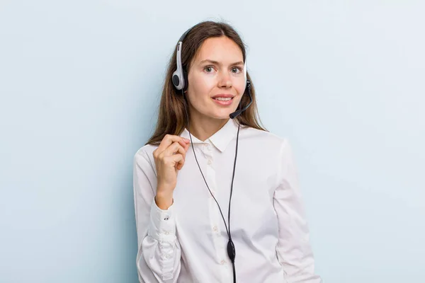 Young Adult Woman Looking Arrogant Successful Positive Proud Telemarketer Concept — Stockfoto