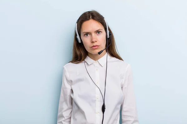 Young Adult Woman Feeling Sad Whiney Unhappy Look Crying Telemarketer — Stock Photo, Image