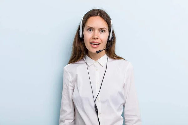 Young Adult Woman Looking Happy Pleasantly Surprised Telemarketer Concept — Stockfoto