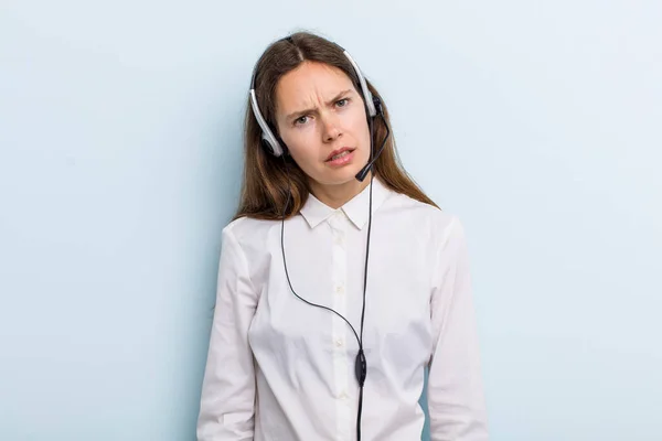 Young Adult Woman Feeling Puzzled Confused Telemarketer Concept — Fotografia de Stock