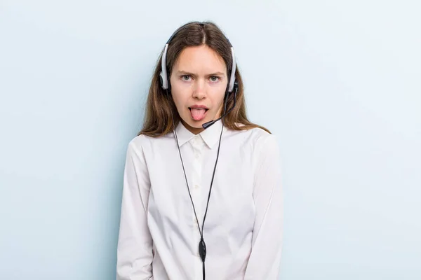 Young Adult Woman Feeling Disgusted Irritated Tongue Out Telemarketer Concept — Stockfoto