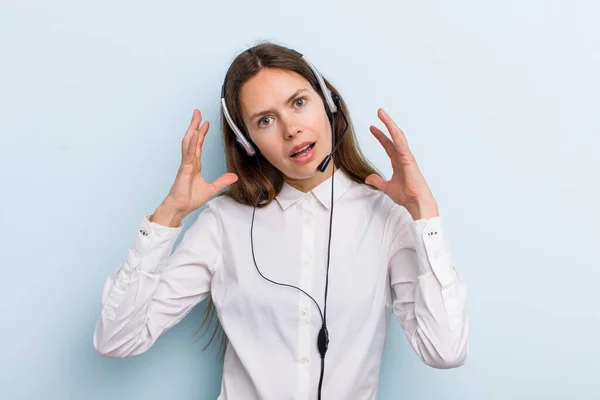 Young Adult Woman Screaming Hands Air Telemarketer Concept — Stockfoto