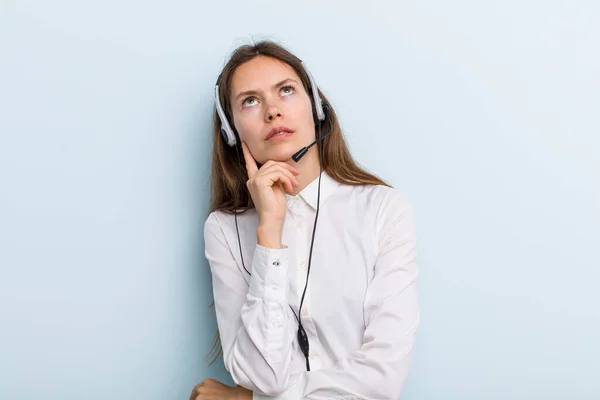 Young Adult Woman Thinking Feeling Doubtful Confused Telemarketer Concept — Stock Fotó
