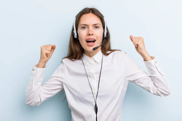 Young Adult Woman Shouting Aggressively Angry Expression Telemarketer Concept — Stock Fotó