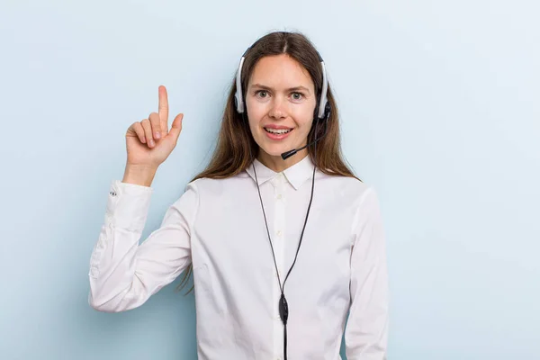 Young Adult Woman Feeling Happy Excited Genius Realizing Idea Telemarketer — Stock Fotó