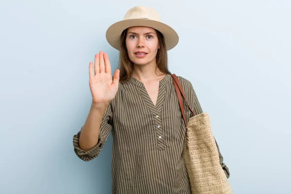 Young Adult Woman Looking Serious Showing Open Palm Making Stop — 图库照片