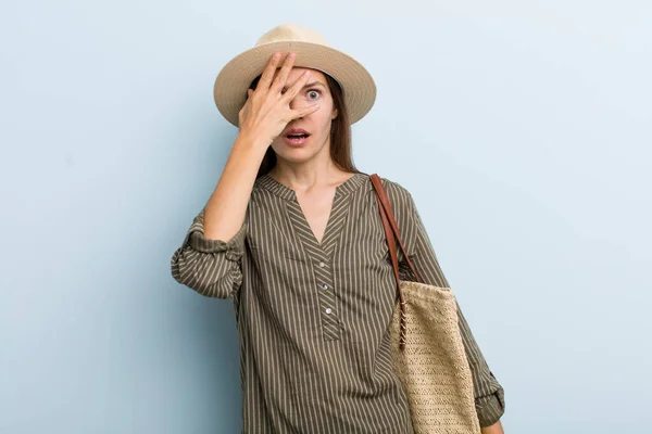 Young Adult Woman Looking Shocked Scared Terrified Covering Face Hand — Foto Stock