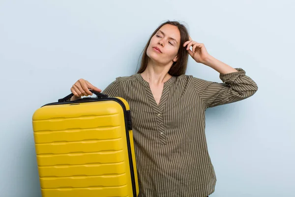 Young Adult Woman Feeling Puzzled Confused Scratching Head Flight Passenger — Stockfoto