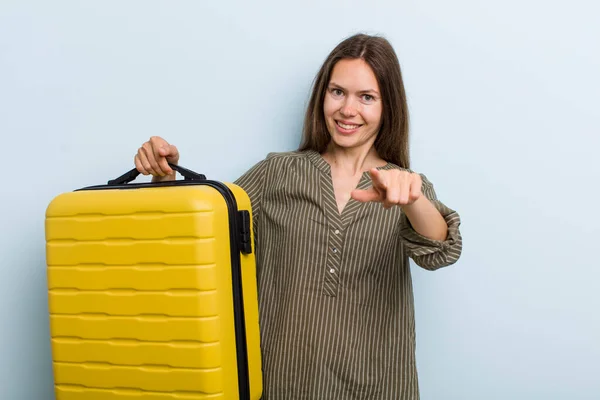 Young Adult Woman Pointing Camera Choosing You Flight Passenger Concept — Foto de Stock