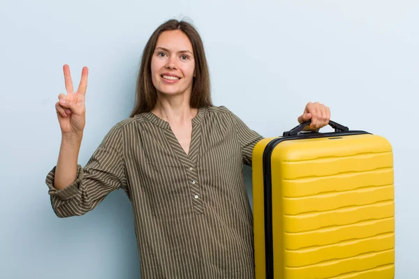 Young Adult Woman Smiling Looking Happy Gesturing Victory Peace Flight — Foto de Stock
