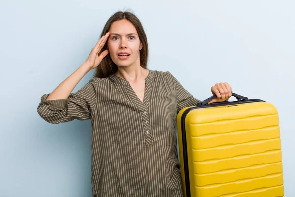 Young Adult Woman Looking Happy Astonished Surprised Flight Passenger Concept — Stockfoto