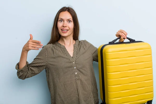 Young Adult Woman Feeling Happy Pointing Self Excited Flight Passenger — Stockfoto