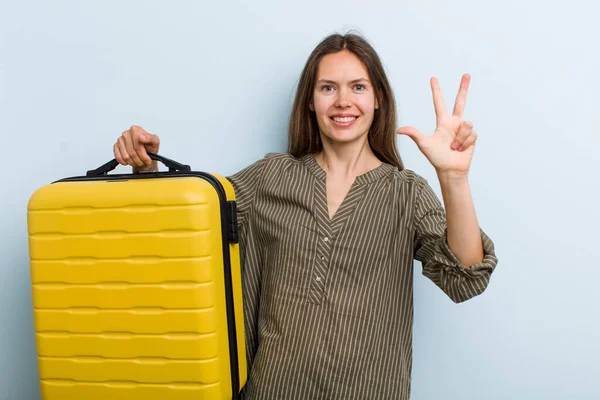 Young Adult Woman Smiling Looking Friendly Showing Number Three Flight — Zdjęcie stockowe