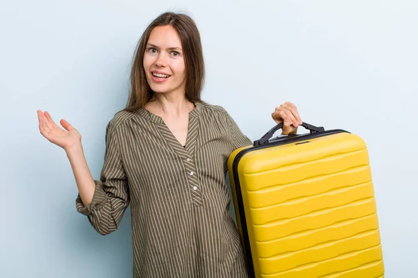 Young Adult Woman Looking Happy Pleasantly Surprised Flight Passenger Concept — Stockfoto