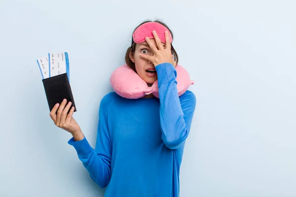 Blonde Young Adult Woman Looking Shocked Scared Terrified Covering Face — Stockfoto