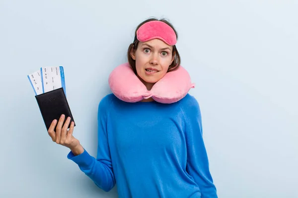 Blonde Young Adult Woman Looking Puzzled Confused Flight Passenger Concept — Stockfoto