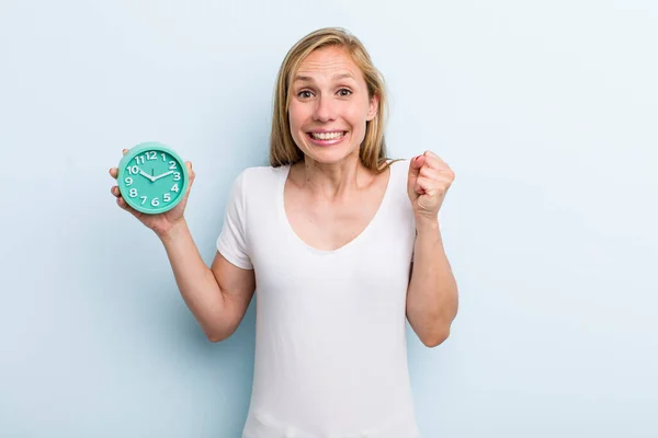 Blonde Young Adult Woman Feeling Shocked Laughing Celebrating Success Alarm — Stock Fotó
