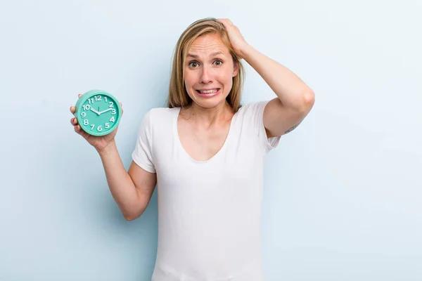 Blonde Young Adult Woman Feeling Stressed Anxious Scared Hands Head — Stockfoto