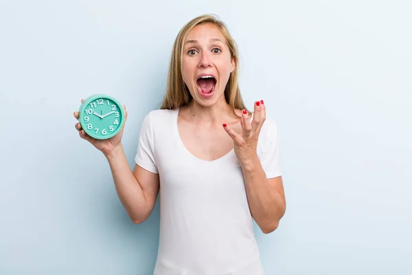 Blonde Young Adult Woman Looking Desperate Frustrated Stressed Alarm Clock — Photo