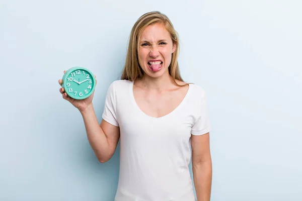 Blonde Young Adult Woman Feeling Disgusted Irritated Tongue Out Alarm — Stockfoto