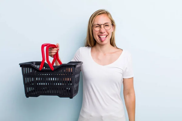 Blonde Young Adult Woman Cheerful Rebellious Attitude Joking Sticking Tongue — Foto Stock