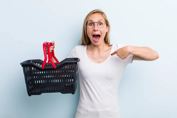 Blonde Young Adult Woman Feeling Happy Pointing Self Excited Shopping — Foto Stock