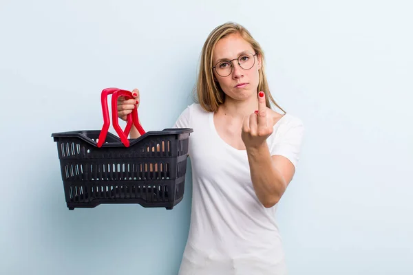 Blonde Young Adult Woman Feeling Angry Annoyed Rebellious Aggressive Shopping — Foto Stock