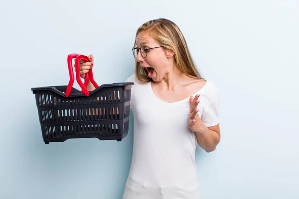 Blonde Young Adult Woman Feeling Happy Excited Surprised Shopping Basket — Foto Stock