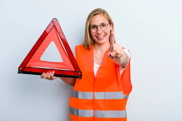 Blonde Young Adult Woman Smiling Proudly Confidently Making Number One — Photo