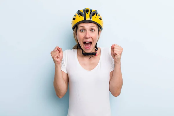 Blonde Young Adult Woman Feeling Shocked Laughing Celebrating Success Bike — Stockfoto