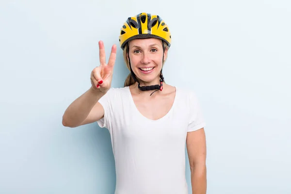 Blonde Young Adult Woman Smiling Looking Happy Gesturing Victory Peace — Stock Photo, Image