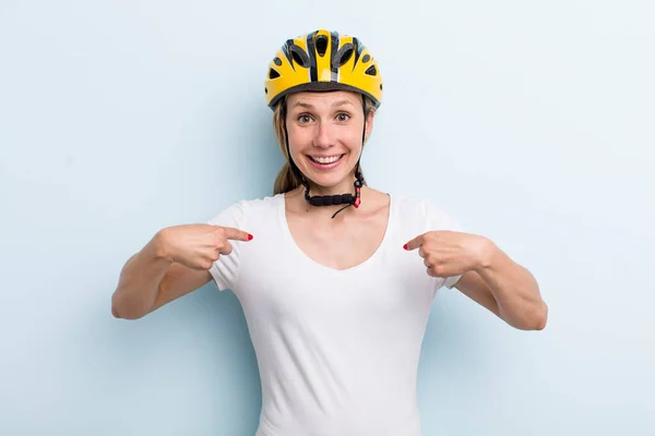 Blonde Young Adult Woman Feeling Happy Pointing Self Excited Bike — Zdjęcie stockowe