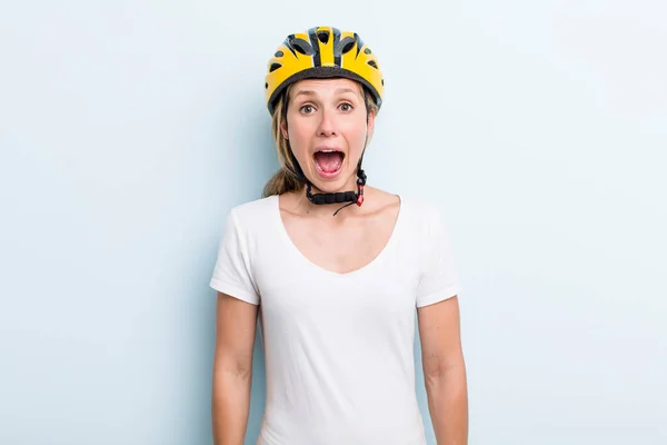 Blonde Young Adult Woman Looking Happy Pleasantly Surprised Bike Helmet — Zdjęcie stockowe