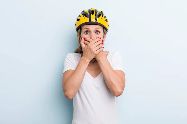 Blonde Young Adult Woman Covering Mouth Hands Shocked Bike Helmet — Zdjęcie stockowe