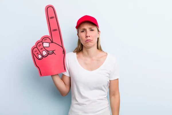 Blonde Young Adult Woman Feeling Sad Whiney Unhappy Look Crying — Stockfoto