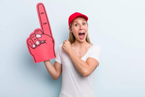 Blonde Young Adult Woman Feeling Happy Facing Challenge Celebrating Number — Photo