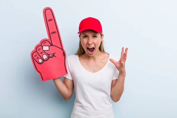 Blonde Young Adult Woman Screaming Hands Air Number One Fan — Stockfoto