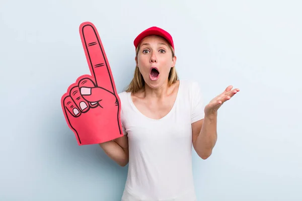 Blonde Young Adult Woman Feeling Extremely Shocked Surprised Number One — Stockfoto