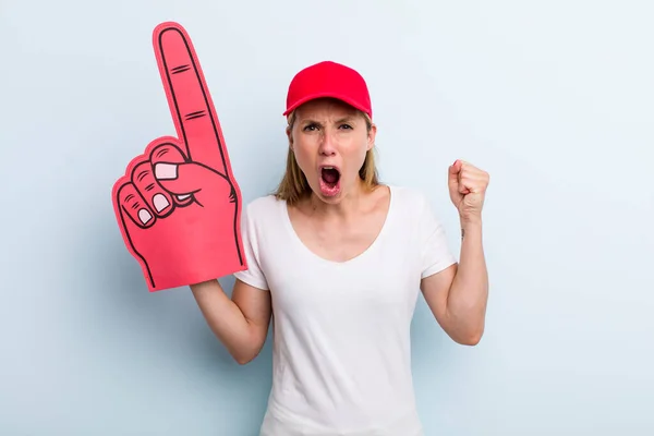 Blonde Young Adult Woman Shouting Aggressively Angry Expression Number One — Stockfoto