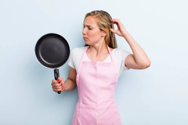 Blonde Young Adult Woman Smiling Happily Daydreaming Doubting Chef Concept — Fotografia de Stock